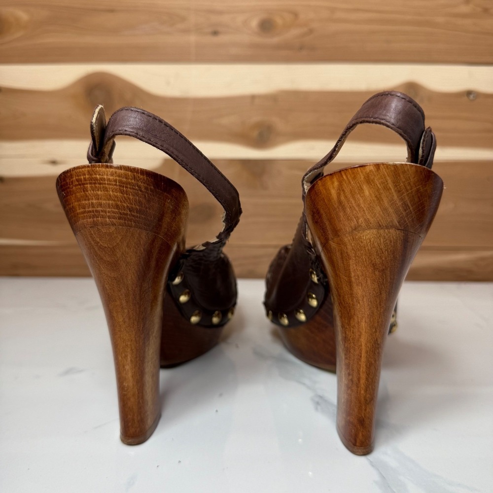 Dione Chuncky Wooden Heel Platform Sandals Leather Straps Brown Size 7.5 - Picture 5 of 13